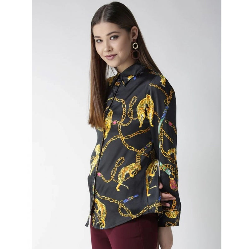 Mayawye Women's Satin Printed Long Sleeves Standard Length Shirt (Black - Gold)