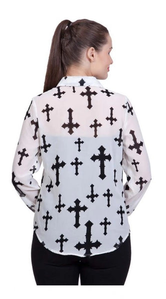 Mayawye Women's Polyester Printed Long Sleeves Standard Length Shirt (White)