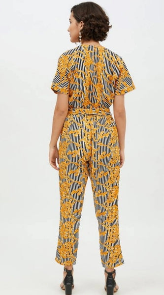 Mayawye Women's Polyester Printed Half Sleeve Long Jumpsuit (Yellow)