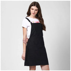 Mayawye Women's Denim Solid Shoulder Straps Above Knee Dungaree (Black)