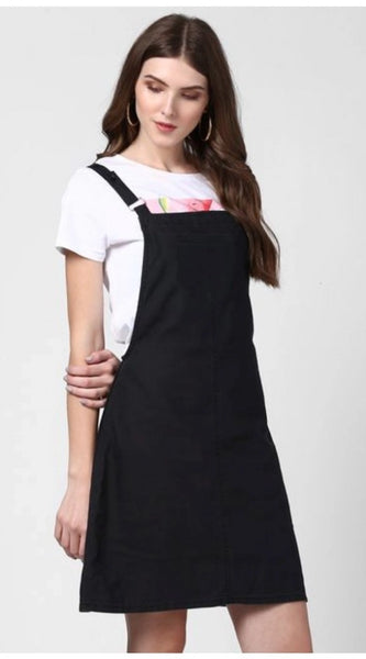 Mayawye Women's Denim Solid Shoulder Straps Above Knee Dungaree (Black)