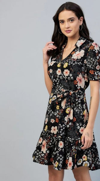 Mayawye Women's Polyester Floral Short Sleeve Above Knee Dress (Black)