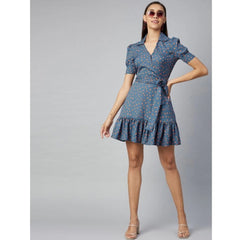 Mayawye Women's Polyester Polka Short Sleeve Above Knee Dress (Grey - Coral)