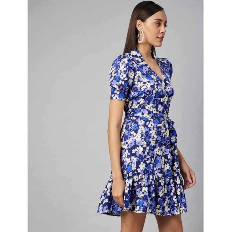 Mayawye Women's Polyester Floral Short Sleeve Above Knee Dress (Blue - Purple)