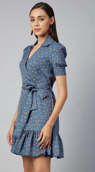 Mayawye Women's Polyester Polka Short Sleeve Above Knee Dress (Grey - Coral)