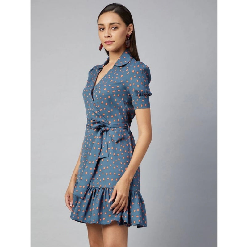 Mayawye Women's Polyester Polka Short Sleeve Above Knee Dress (Grey - Coral)
