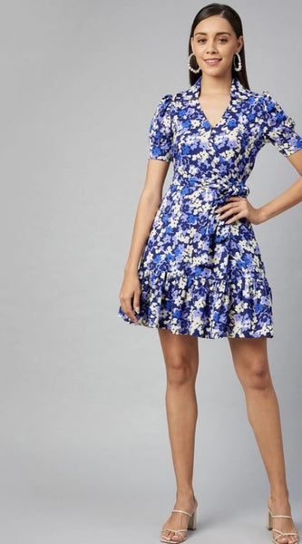 Mayawye Women's Polyester Floral Short Sleeve Above Knee Dress (Blue - Purple)