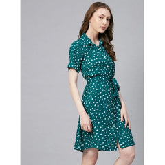 Mayawye Women's Polyester Polka Short Sleeve Above Knee Dress (Blue - White)