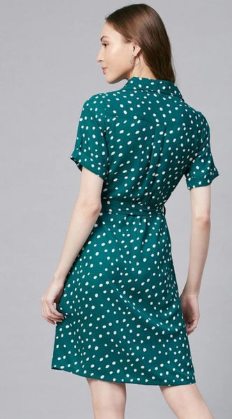 Mayawye Women's Polyester Polka Short Sleeve Above Knee Dress (Blue - White)