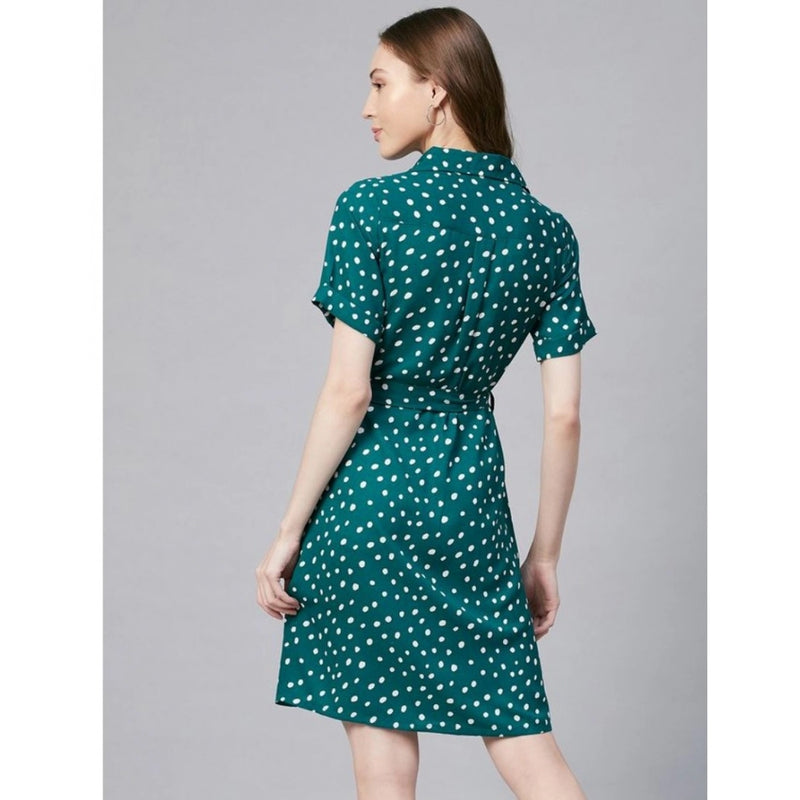 Mayawye Women's Polyester Polka Short Sleeve Above Knee Dress (Blue - White)