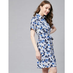 Mayawye Women's Polyester Floral Short Sleeve Above Knee Dress (Blue - White)