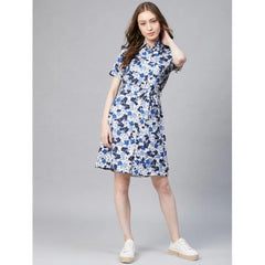Mayawye Women's Polyester Floral Short Sleeve Above Knee Dress (Blue - White)