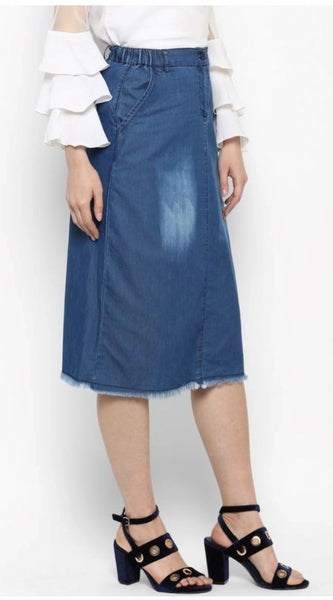 Mayawye Women's Denim Washed Buttoned Skirt (Blue)