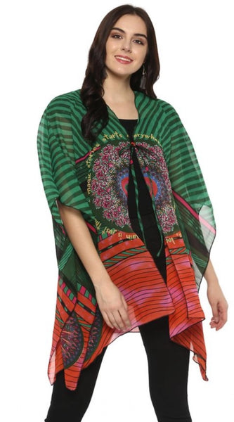 Mayawye Women's Polyester Printed Kaftan Sleeve Shrug (Green - Multicolor)