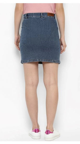 Mayawye Women's Denim Front Pocket Buttoned Skirt (Blue)