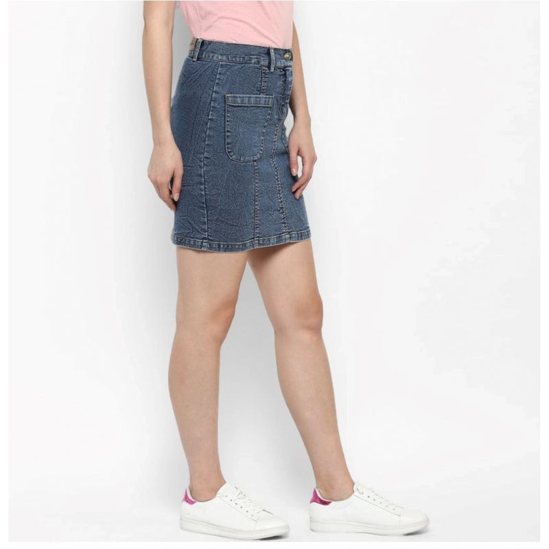 Mayawye Women's Denim Front Pocket Buttoned Skirt (Blue)