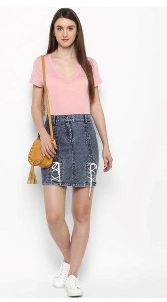 Mayawye Women's Denim Tie Up Buttoned Skirt (Blue)