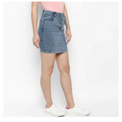 Mayawye Women's Denim Draw String Buttoned Skirt (Blue)