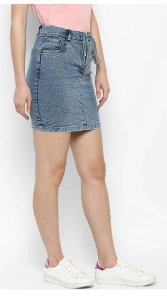Mayawye Women's Denim Draw String Buttoned Skirt (Blue)