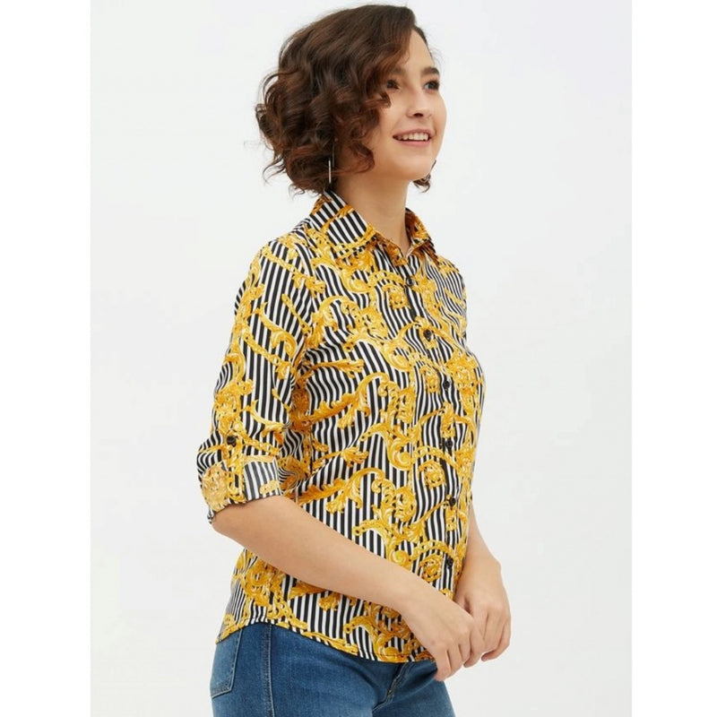 Mayawye Women's Polyester Printed Roll Up Sleeve Standard Length Shirt (Mustared)