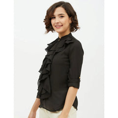 Mayawye Women's Polyester Ruffled Long Sleeves Standard Length Shirt (Black)