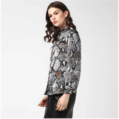 Mayawye Women's Satin Animal Print Long Sleeves Standard Length Shirt (Black - Grey)