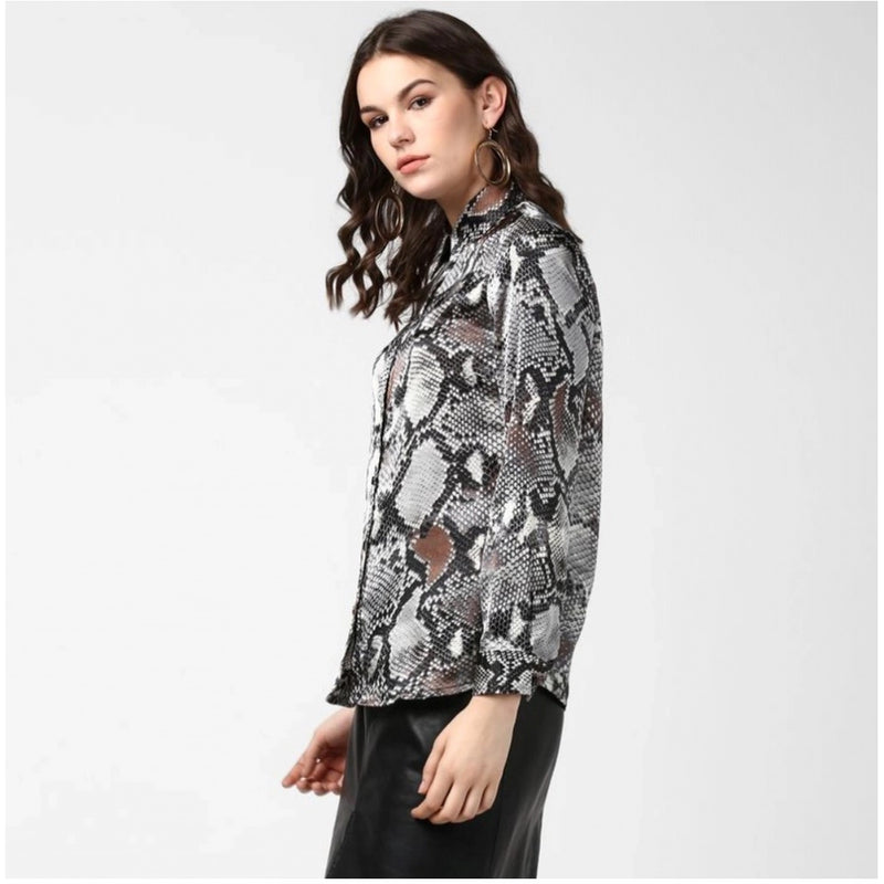 Mayawye Women's Satin Animal Print Long Sleeves Standard Length Shirt (Black - Grey)