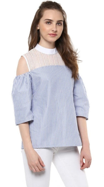 Mayawye Women's Cotton Striped Cold Shoulder Top (Blue)
