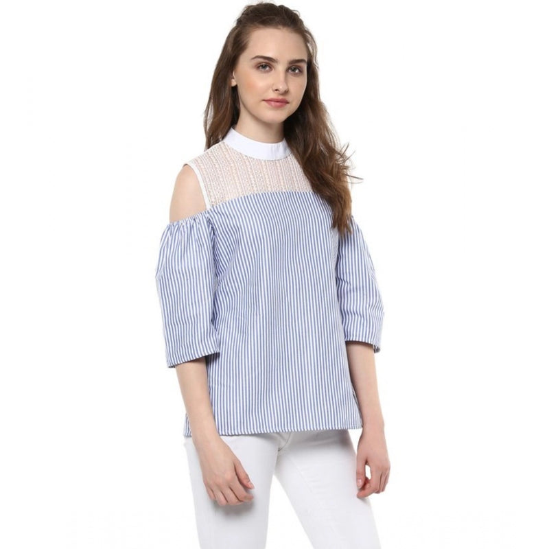 Mayawye Women's Cotton Striped Cold Shoulder Top (Blue)
