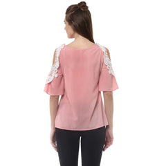 Mayawye Women's Polyester Lace Inserts Half Sleeve Top (Pink)