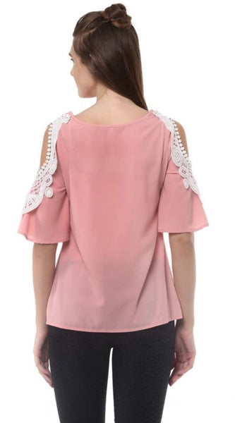 Mayawye Women's Polyester Lace Inserts Half Sleeve Top (Pink)