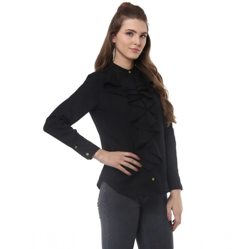 Mayawye Women's Polyester Ruffled Long Sleeves Top (Black)