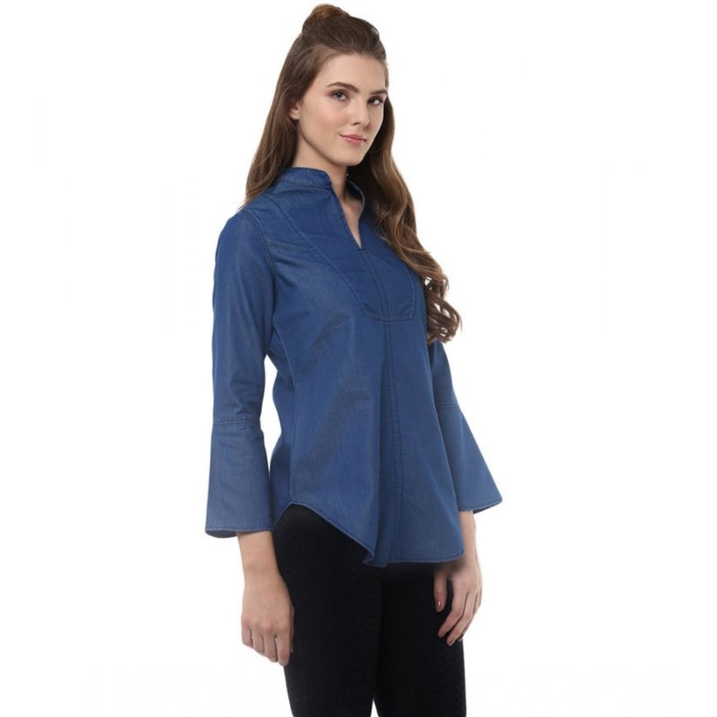 Mayawye Women's Denim Solid Bell Sleeve Regular Top (Blue Denim)