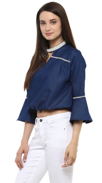 Mayawye Women's Polyester Solid Bell Sleeve Regular Top (Blue)