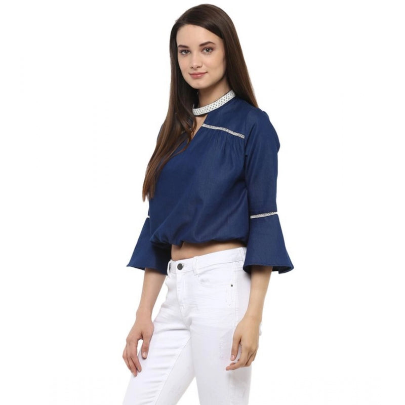 Mayawye Women's Polyester Solid Bell Sleeve Regular Top (Blue)