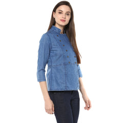 Mayawye Women's Denim Solid 3-4th Sleeves Regular Top (Blue)