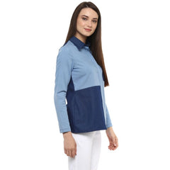 Mayawye Women's Denim Patch Work Long Sleeves Regular Top (Blue)
