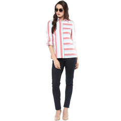 Mayawye Women's Cotton Striped Roll Up Sleeve Regular Top (Red)