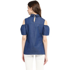 Mayawye Women's Denim Solid Cold Shoulder Regular Top (Blue)