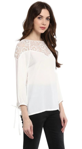 Mayawye Women's Polyester Georgette Self Design 3-4th Sleeves Regular Top (White)
