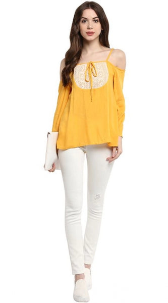 Mayawye Women's Rayon Embellished Cold Shoulder Regular Top (Mustard Yellow)
