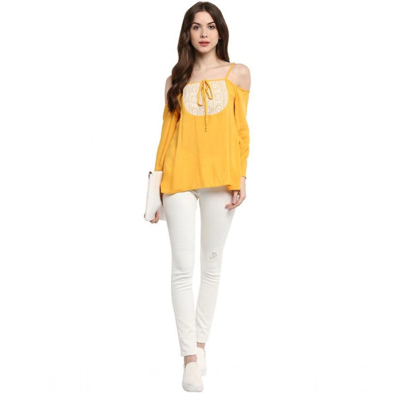 Mayawye Women's Rayon Embellished Cold Shoulder Regular Top (Mustard Yellow)