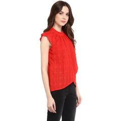Mayawye Women's Cotton Lace Embellished Cap Sleeve Regular Top (Red)