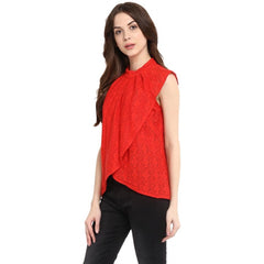 Mayawye Women's Cotton Lace Embellished Cap Sleeve Regular Top (Red)