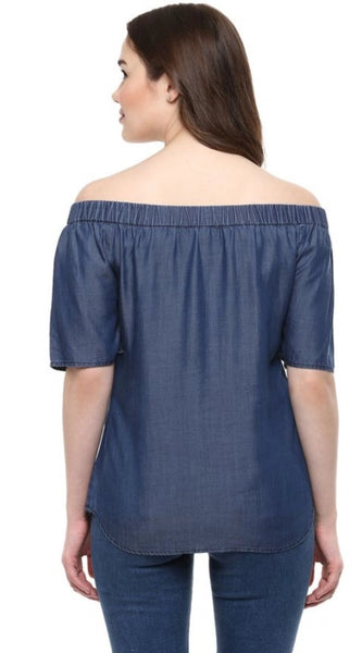 Mayawye Women's Denim Solid Short Sleeve Regular Top (Blue)
