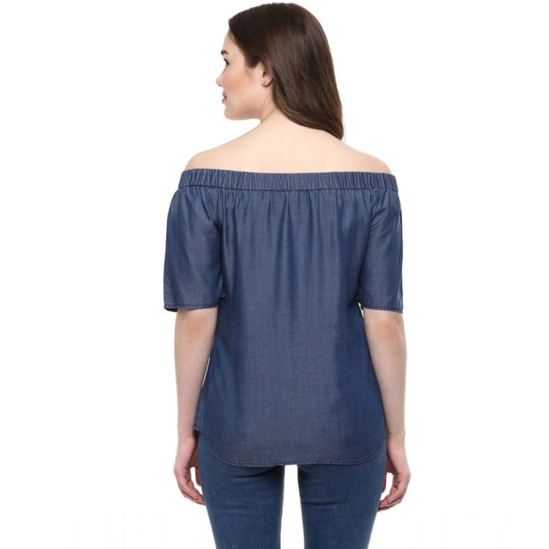 Mayawye Women's Denim Solid Short Sleeve Regular Top (Blue)