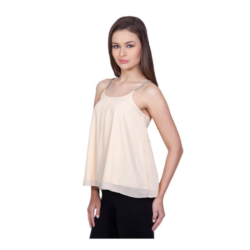 Mayawye Women's Polyester Solid Shoulder Straps Regular Top (Beige)