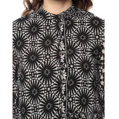 Mayawye Women's Polyester Printed Balloon Sleeve Top (Black - White)