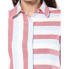 Mayawye Women's Cotton Striped Roll Up Sleeve Regular Top (Red)