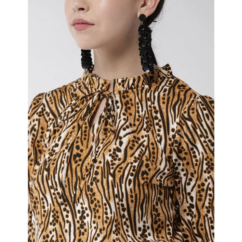 Mayawye Women's Polyester Printed Bell Sleeve Top (Orange - Black)